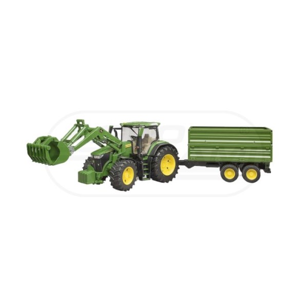 Traktor John Deere 7R 350 z ładowaczem czołowym i przyczepą 2-osiową