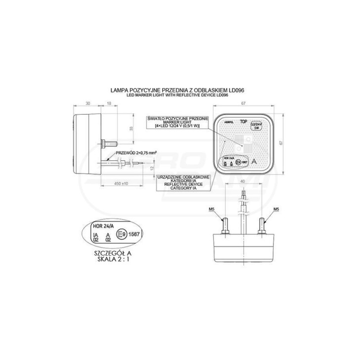 Lampa obrysowa kwadratowa z odblaskiem diodowa Biała 12/24 LD096 HORPOL