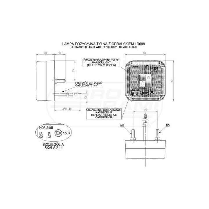 Lampa obrysowa kwadratowa z odblaskiem diodowa Czerwona 12/24 LD098 HORPOL