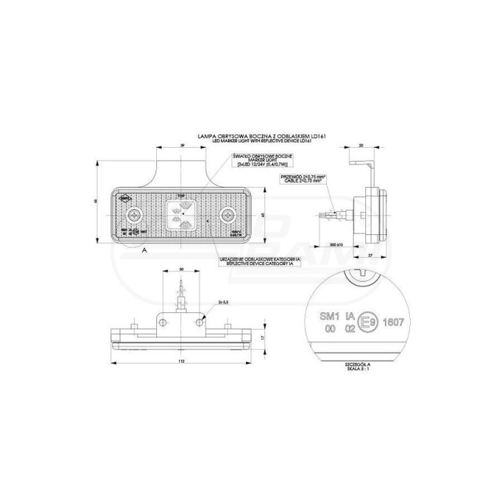 Lampa obrysowa prostokatna z odblaskiem 12/24V z wieszakiem z mocowanie, za lampą LD161 HORPOL
