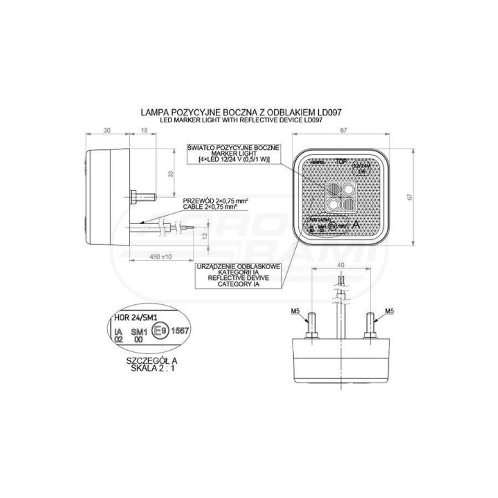 Lampa obrysowa kwadratowa z odblaskiem diodowa Żółta 12/24 LD097 HORPOL