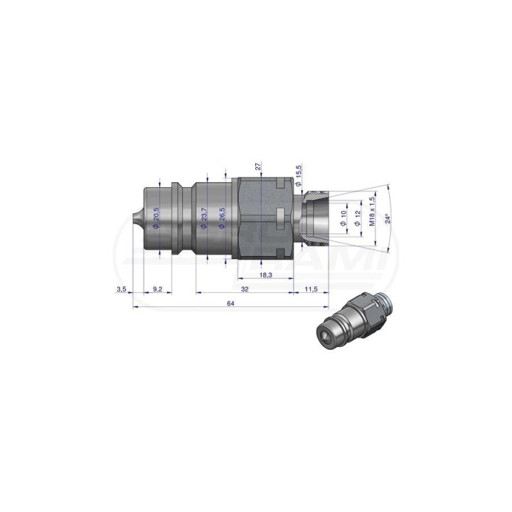 Szybkozłącze hydrauliczne wtyczka M18x1,5 gwint zewnętrzny EURO 9100818W ISO 7241-A WARYŃSKI Waryński