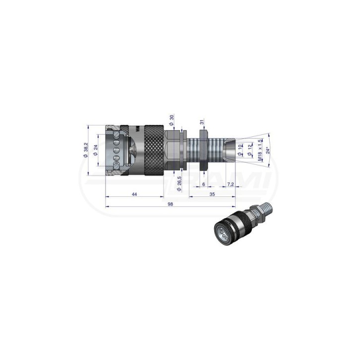 Szybkozłącze hydrauliczne gniazdo long z eliminatorem ciśnienia M18x1,5 gwintzewnętrzny EURO 9100818GL ISO 7241-A WARYŃSKI Waryń