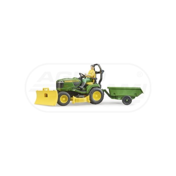 Traktorek John Deere z kosiarką, łyżką przyczepką i figurką ogrodnika
