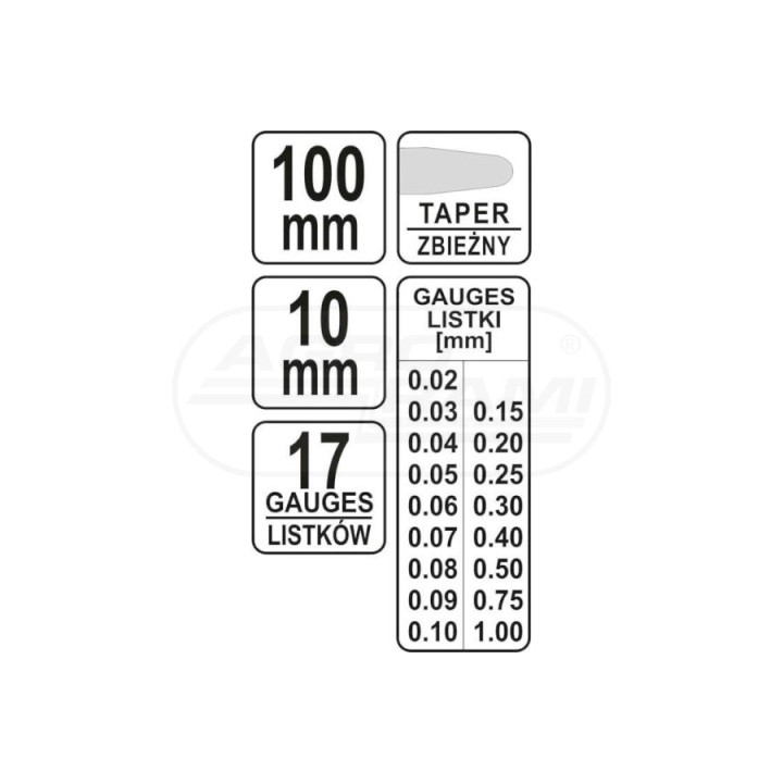 Szczelinomierz 17 listków YATO 100 mm 0,02-1 mm YT7220