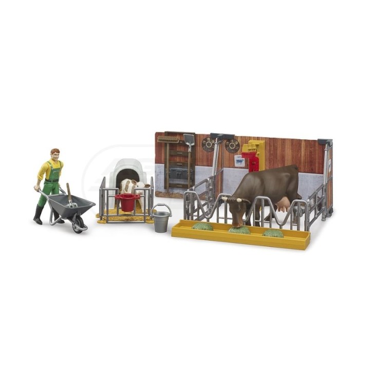 Obora z figurkami rolnika, krowy i cielaka Bruder 62611 BR-62611 BRUDER