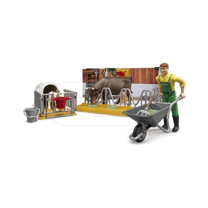 Obora z figurkami rolnika, krowy i cielaka Bruder 62611 BR-62611 BRUDER