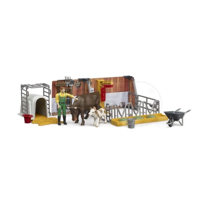 Obora z figurkami rolnika, krowy i cielaka Bruder 62611 BR-62611 BRUDER