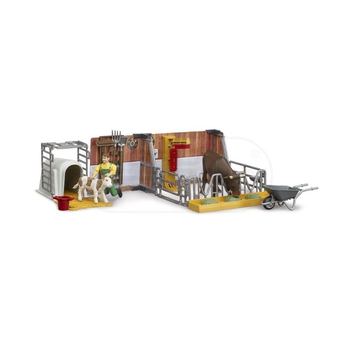 Obora z figurkami rolnika, krowy i cielaka Bruder 62611 BR-62611 BRUDER