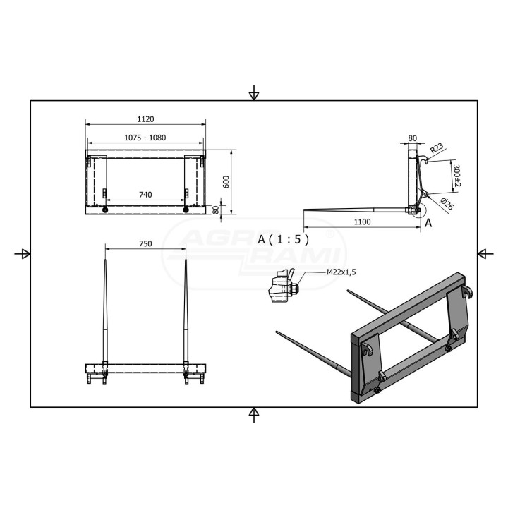 Rama, Widły do transportu dużych bel 700kg 9988123 HOXSO