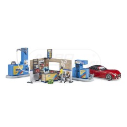 Stacja Paliw z myjnią i z czerwonym autem Roadster Bruder 62111 BR-62111 BRUDER