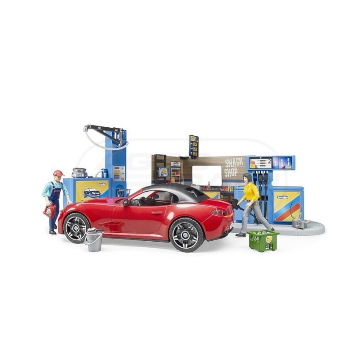 Stacja Paliw z myjnią i z czerwonym autem Roadster Bruder 62111 BR-62111 BRUDER