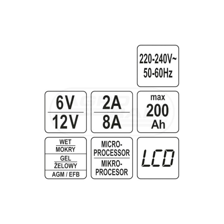 Prostownik elektroniczny z wyświetlaczem LCD 0,85A zakres 6V/2A YATO YT83001