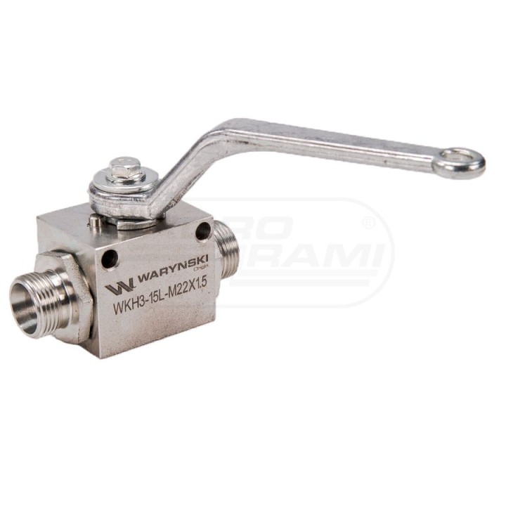 Zawór kulowy hydrauliczny 3-drogowy 3/2 M22x1,5 15L z otworami mocującymi 500 bar WKH3-15L-M22X1,5 Waryński
