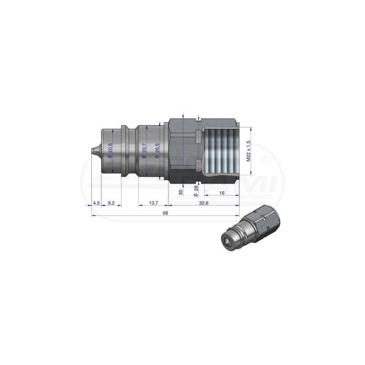Szybkozłącze hydrauliczne wtyczka z eliminatorem ciśnienia M22x1,5 gwint wewnętrzny EURO M22X1,5 ISO 7241-A WARYŃSKI Waryński