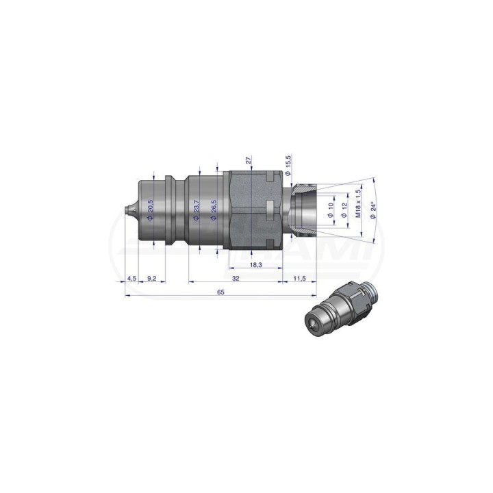 Szybkozłącze hydrauliczne wtyczka z eliminatorem ciśnienia M18x1,5 gwint zewnętrzny EURO 9100818W ISO7241-A WARYŃSKI Waryński