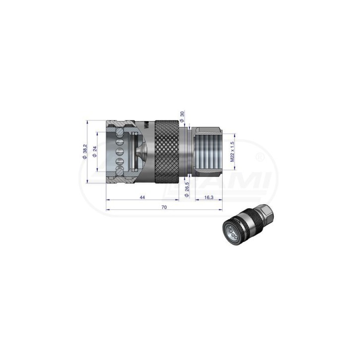 Szybkozłącze hydrauliczne gniazdo M22x1,5 gwint wewnętrzny EURI PUSH-PULL M22X1,5 ISO 7241-A WARYŃSKI Waryński