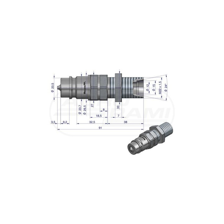 Szybkozłącze hydrauliczne wtyczka long M22x1,5 gwint zewnętrzny EURO 9100822W ISO 7241-A WARYŃSKI Waryński