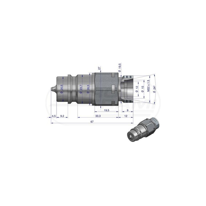 Szybkozłącze hydrauliczne wtyczka z eliminatorem ciśnienia M22x1,5 gwint zewnętrzny EURO 9100822W ISO 7241-A WARYŃSKI Waryński