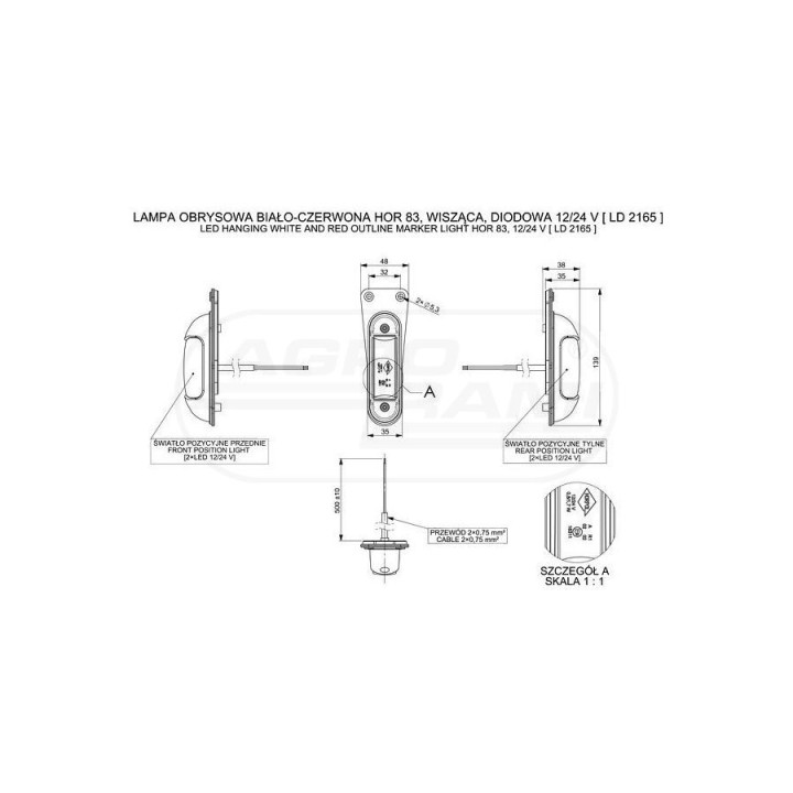 Lampa obrysowa biało-czerwona wisząca diodowa LD2165 HORPOL