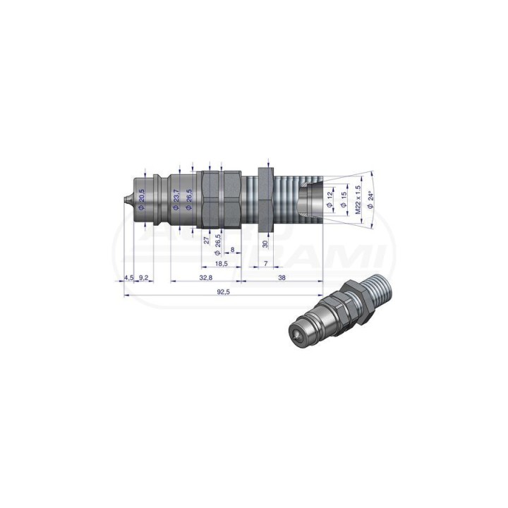 Szybkozłącze hydrauliczne wtyczka long z eliminatorem ciśnienia M22x1,5 gwint zewnętrzny EURO 9100822W ISO 7241-A WARYŃSKI Waryń