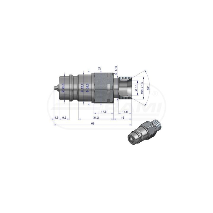 Szybkozłącze hydrauliczne etyczka z eliminatorem cisnienia M20x1,5 gwint zewnętrzny EURO 9100822W ISO 7241-A WARYŃSKI Waryński