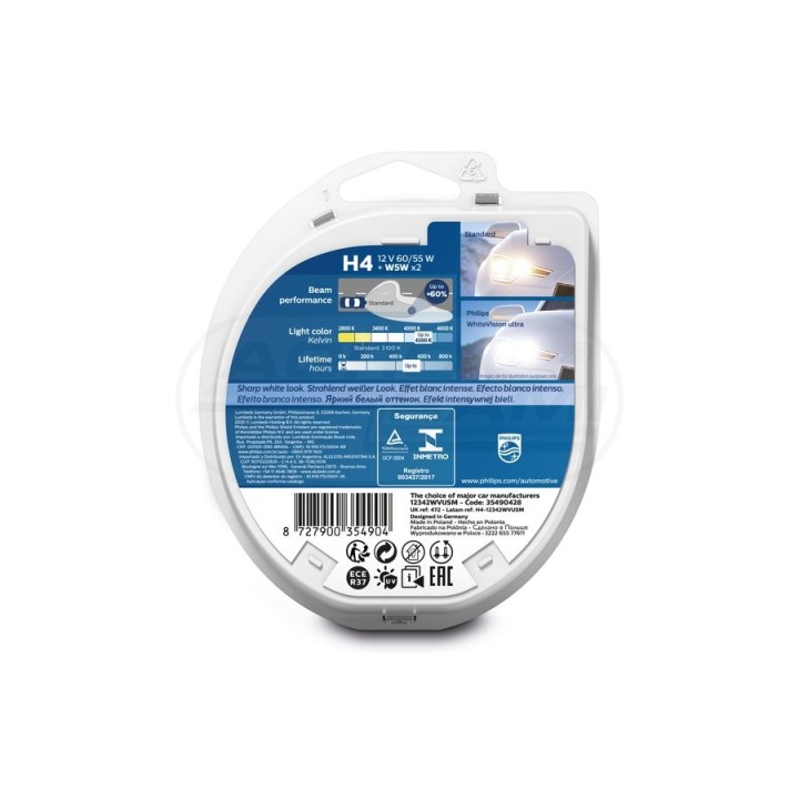 Żarówka Philips White Vision Ultra H4 12V 60/55W W5W 4200K 12342WVUSM H4 12V-W5W/SM PHILIPS