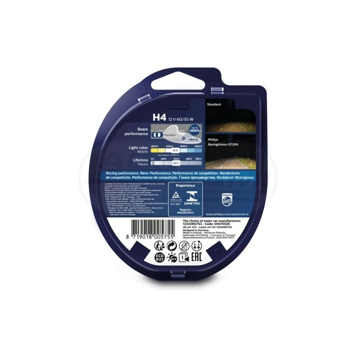 Żarówka H4 RACING VISION GT200 3500K 12V 60/55W P43t-38 Philips 12342RGTS2 PHILIPS