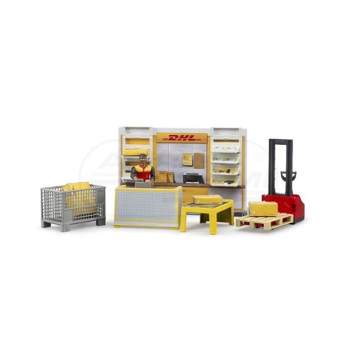 Sklep bworld DHL z ręcznym wózkiem widłowym i figurką Bruder 62251 BR-62251 BRUDER