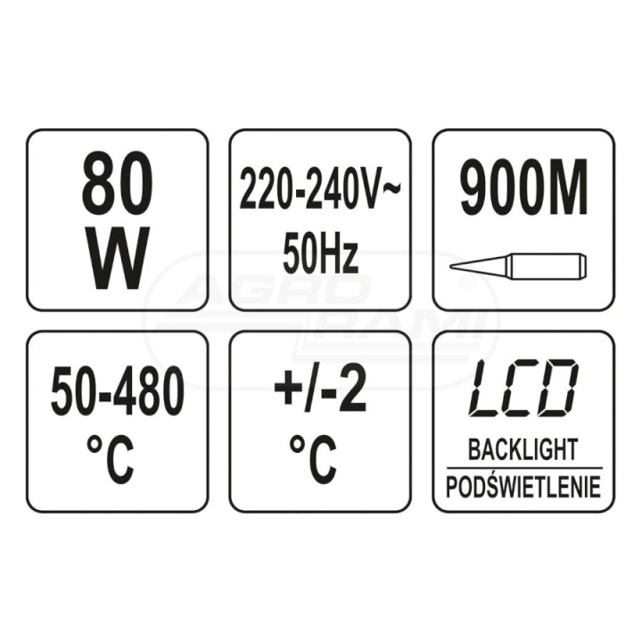 Lutownica oporowa 80W na grot 900m z wyświetlaczem LCD i regulacją temperatury 50-480 °C YATO YT82701