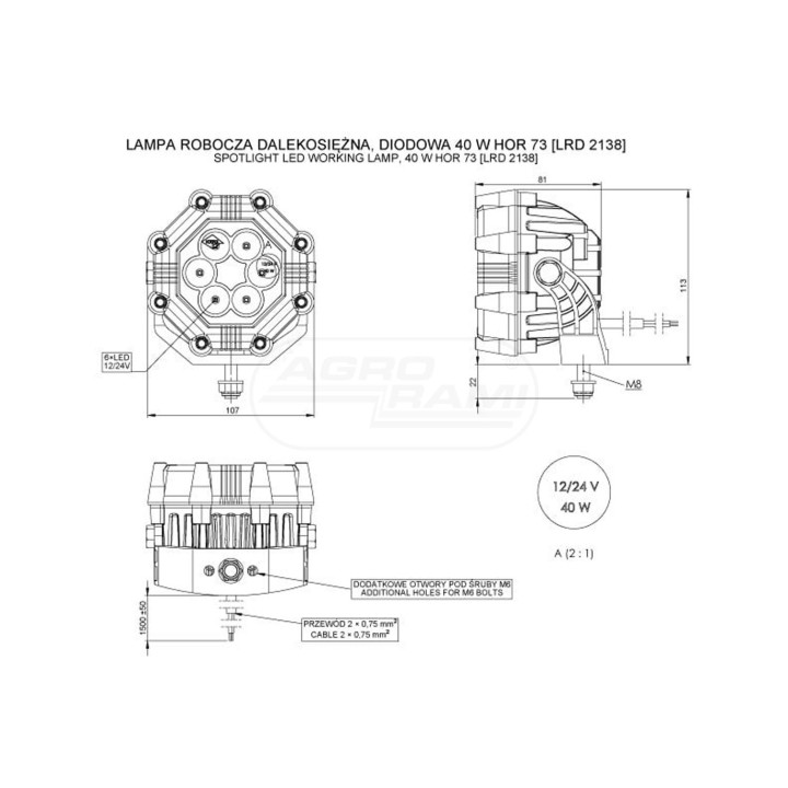 Lampa robocza dalekosężna HOR73 32w diodowa 12/24V przewód 2x0,75mm-1,5mb 3000lm LRD2138 HORPOL