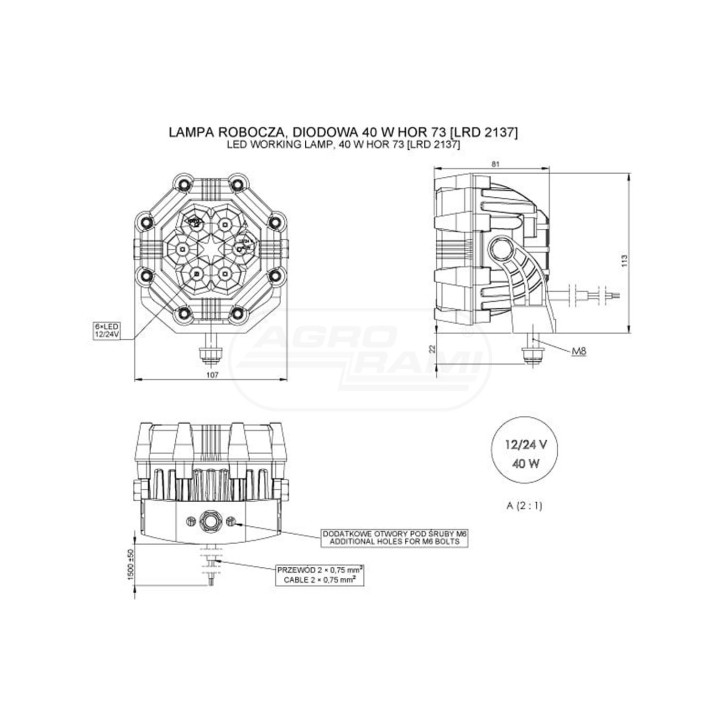 Lampa robocza HOR73 32W diodowa 12/24V przewód 2x0,75mm-1,5mb 3000lm LRD2137 HORPOL